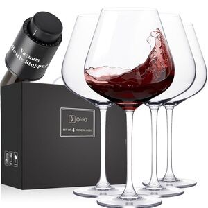 OitiO Red Crystal Wine Glasses Set of 4 Long Stem 23 oz with Wine Stopper